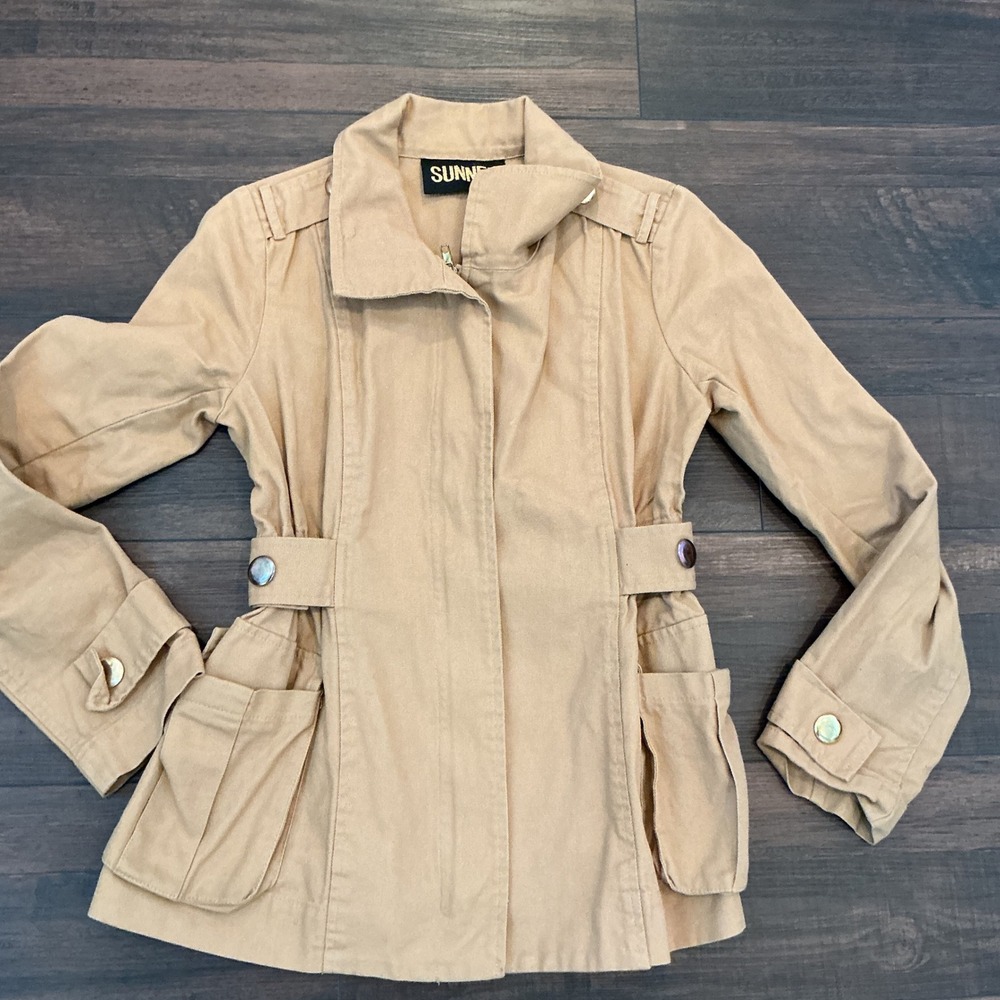 Sunner Utility Jacket‎ Tan Cotton Canvas Cargo Pocket Cinched Waist Small